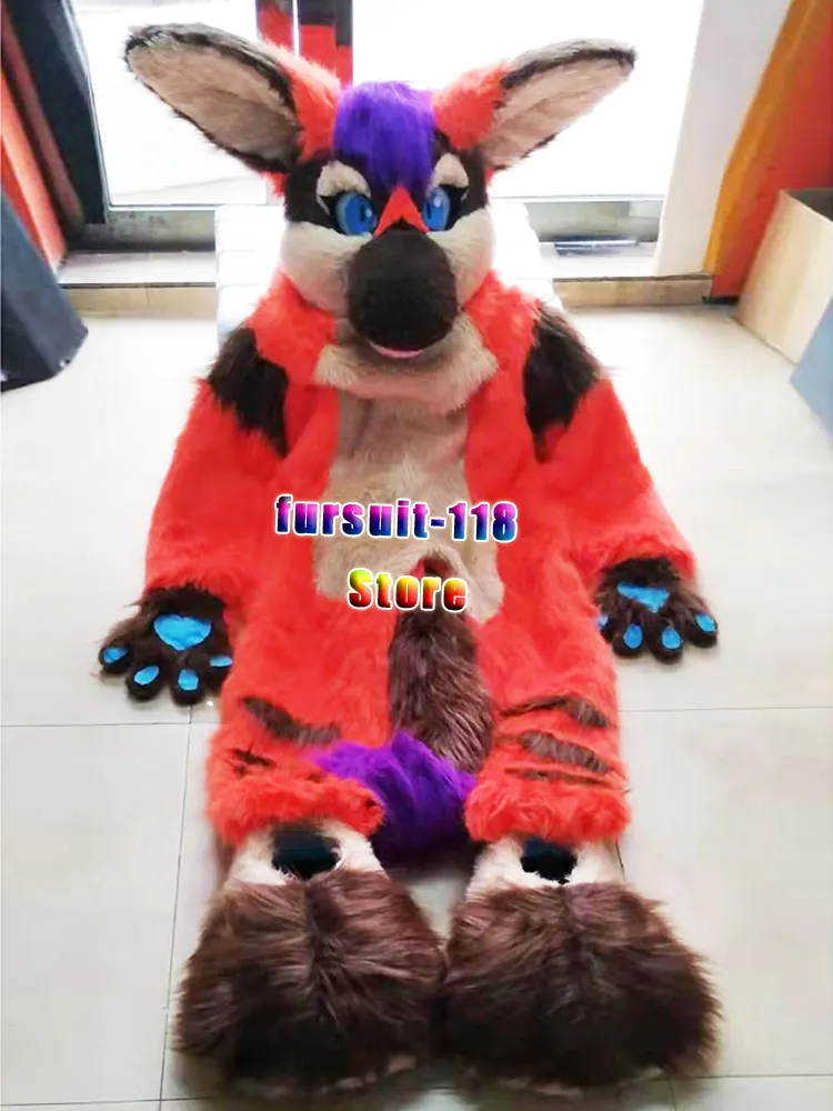 Fursuit Cane Husky a pelo lungo Volpe Lupo Costume mascotte Pelliccia Personaggio dei cartoni animati adulti Set di cartoni animati feste di Halloween #122