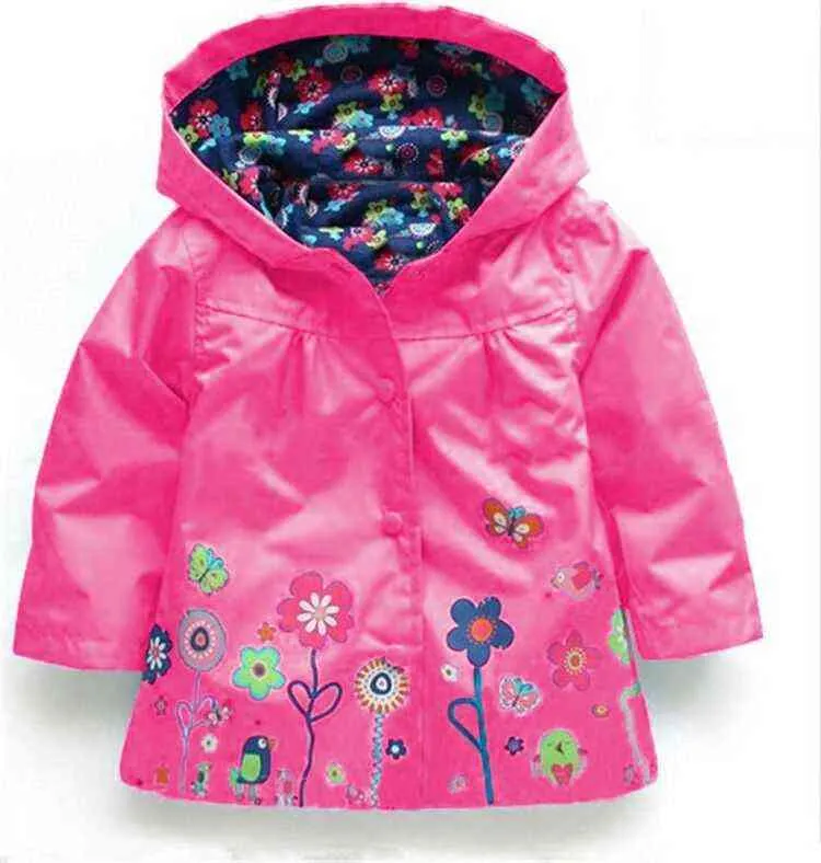 New Girls Coat Autumn Spring Toddler Girls Hooded Flower Waterproof Raincoat Children Runaway Kids Jacket Children Clothes J220718