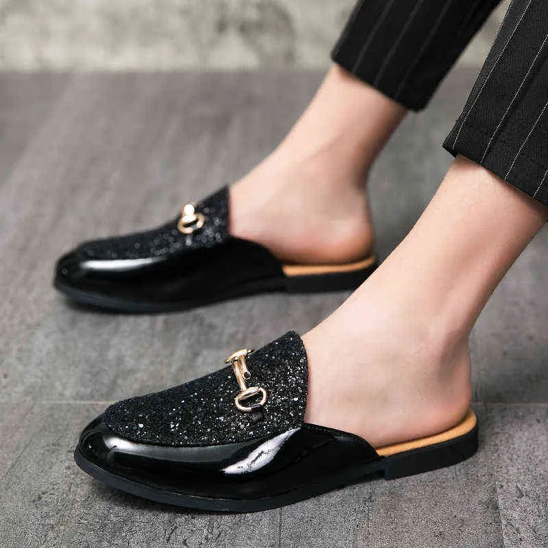 Sapato de Dres Novo estilo italiano Men de luxo de couro de couro mocassim casual non slip man shoe moda metade para mula 220723