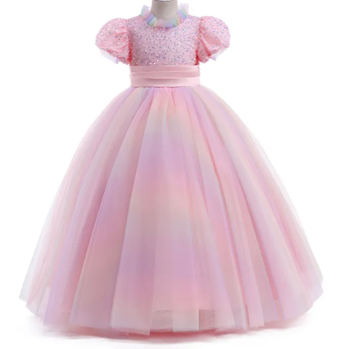 Stock 2-14 anni Pizzo Tulle Abiti da ragazza di fiori Archi Abito da prima comunione bambini Abito da ballo principessa arcobaleno Abito da festa nuziale