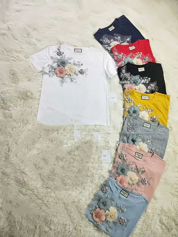 Summer Fashion Women T Shirt Jeans European Style Denim Suit Embroidery 3D Flower Female Trousers Vintage Beading Sets S XXL 220616