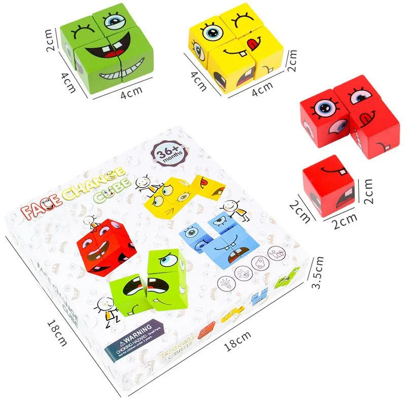 Barn Montessori Toy -kort av Emoticon Puzzle Face Change Cubes Wood Toys Building Blocks Eonal Game for Children 220621