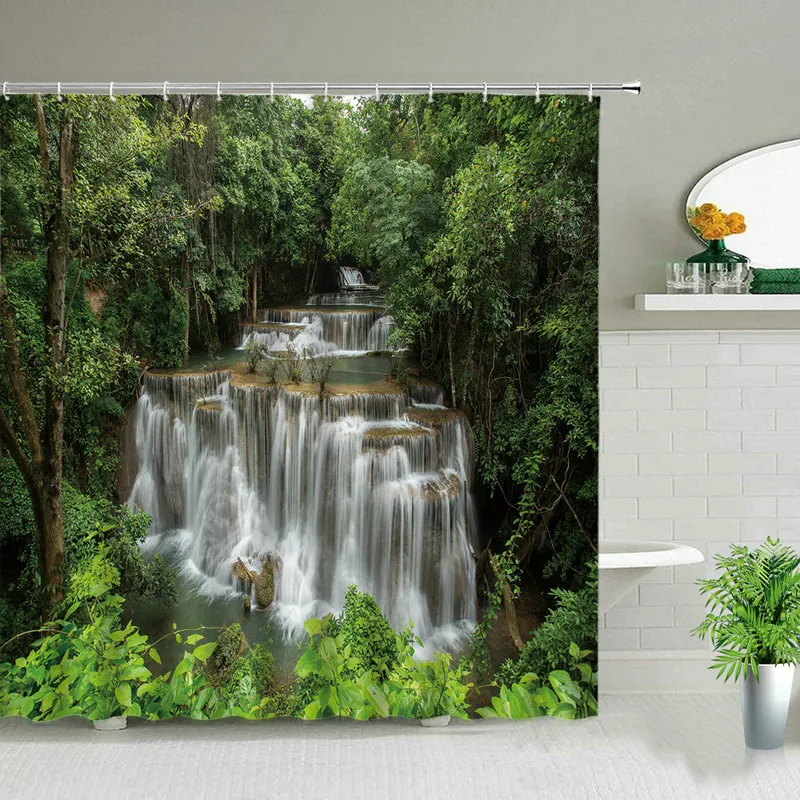 3d Waterproof Shower Curtains Waterfall Forest Spring Scenery Polyester Fabric Home Bathroom Curtain Washable Decor Bath Curtain 220517