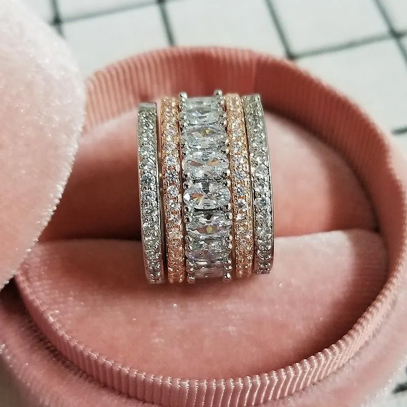 Unique Wedding Rings Luxury Jewelry 925 Sterling Silver Rose Gold Fill Oval Cut White Topaz CZ Diamond Gemstones Women Engagement Bridal Ring Set