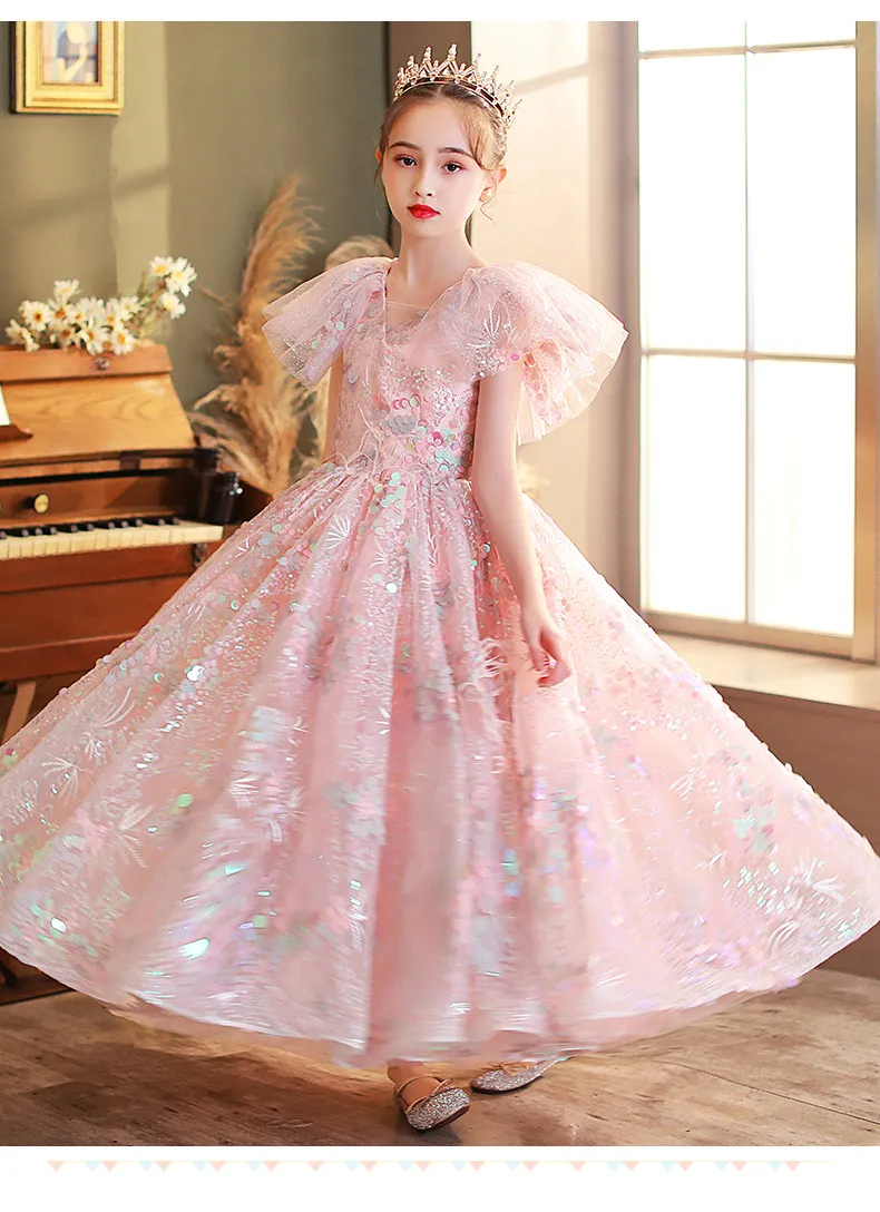 2022 pink Flower Girl Dresses Jewel Neck Ball Gown Lace Appliques Beads sequined Kids toddler Girls Pageant Dress Sweep Train Birthday Gowns