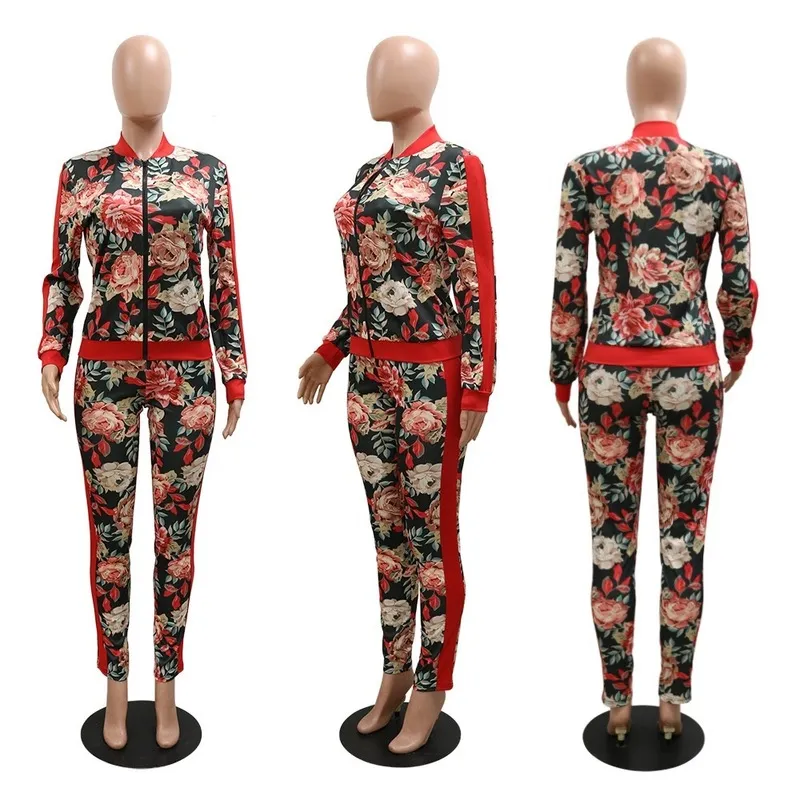 2 peças conjuntos de calças para roupas femininas outono outono vermelho floral blusa impressa as calças longas moda de pano elegante conjunto de calça 220511