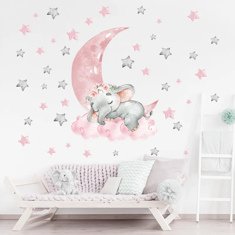 Dessin animé rose bébé éléphant Stickers muraux ballon à air Stickers muraux bébé pépinière autocollants décoratifs lune et étoiles pour fille 220727