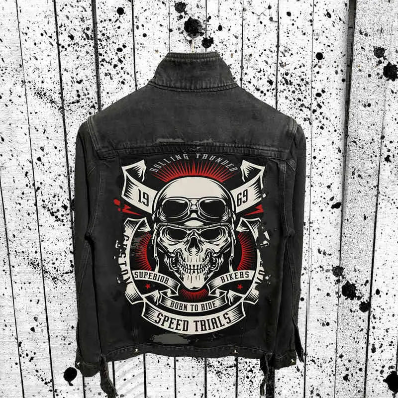 Giacca da uomo Jean Denim Vintage Lavato Nero Skull Bone Harajuku Destroy Svanisce Casual Heavy Metal Streetwear Moto Y220803