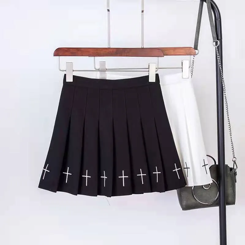 Hohe Taille Mini Schwarz Röcke Gothic Streetwear Cross Print Plissee Frauen Casual College ita Harajuku Rock 220401
