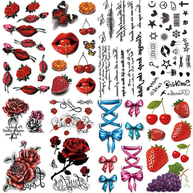 NXY Temporary Tattoo New Vivid 3d Red Lip Cherry Strawberry Pumpkin Design Flash Sticker Men Women Body Art Fake G3d33 0330