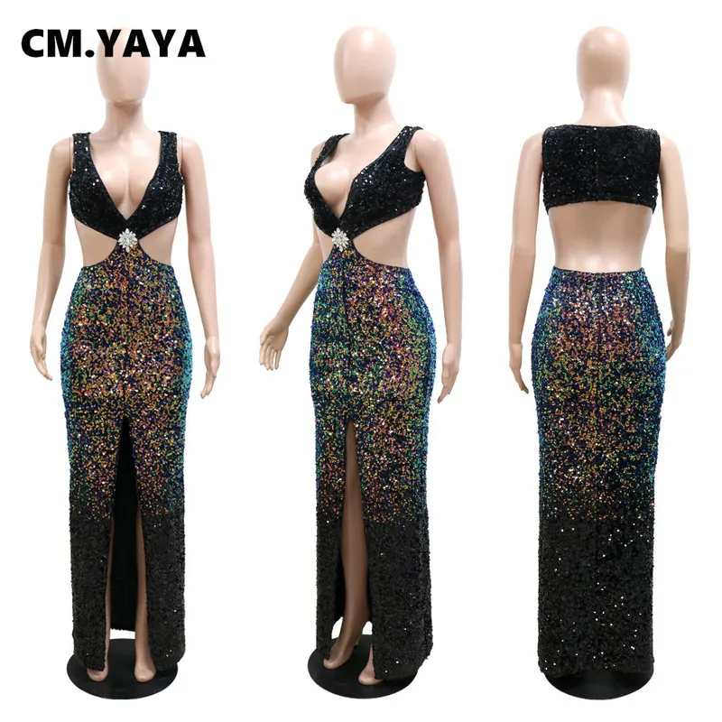 CM.YAYA femmes paillettes dégradé couleur découpé taille haute fendue sirène Maxi longue robe été printemps Sexy soirée Club 220516