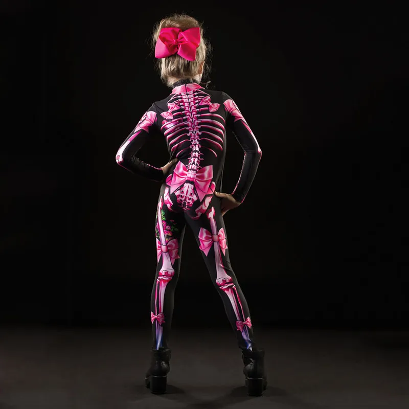 Vuxna barn halloween skelett cosplay jumpsuit rosa rose kvinna sexig skalle skrämmande kostym flickor 3d tryck bodysuit mor dotter 220817