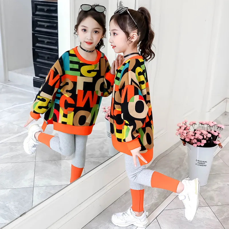 Barnkläder passar flickor Autumn Clothing Fashion Casual Big Children's Letter Sweater  Leggings Two-Piece Set 220507