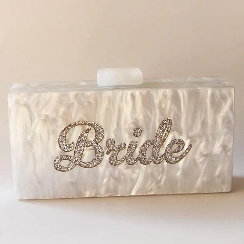 Borse da sera Bianco perla con glitter argento Nome Sposa Scatola in acrilico Pochette Borse da donna Moda Fatta a mano Claps Pochette da spiaggiaEv223q