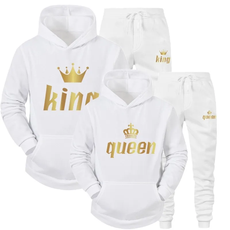 Fashion Couple Sportwear Set KING or QUEEN Printed Hooded Suits Male and Femaie Hoodie Pants 220325