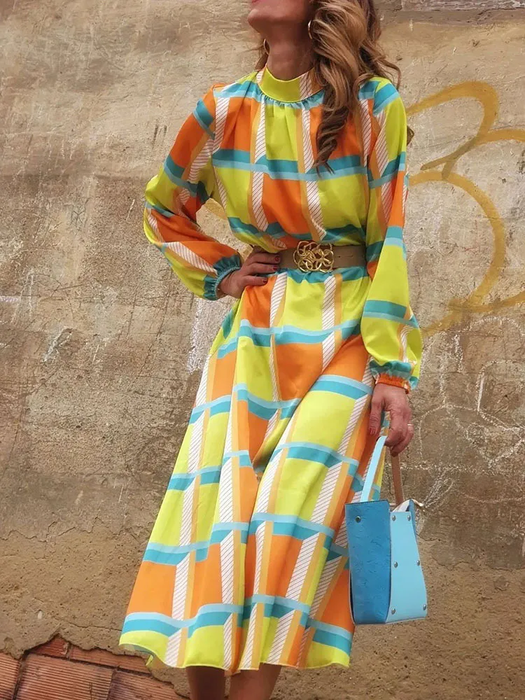 Alta qualità primavera collo alto maniche a 3/4 stampa vintage abiti lunghi moda abiti modello bohemien abiti abito 220423