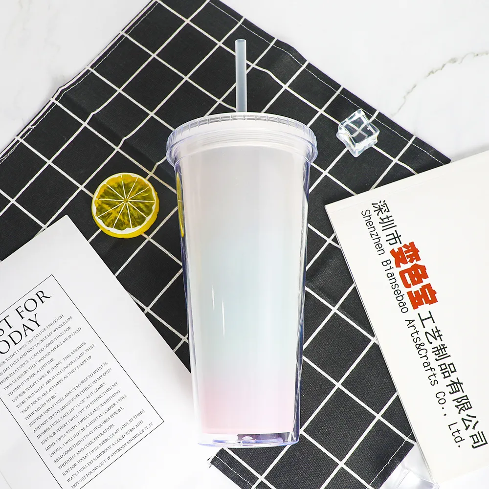 Tumbler Rainbow Color Changing 710ML Cups Coffee Mugs BPA Free Plastic Diamond lids Water Bottle with Straw Double Wall Drinking Cup Wholesale F0422