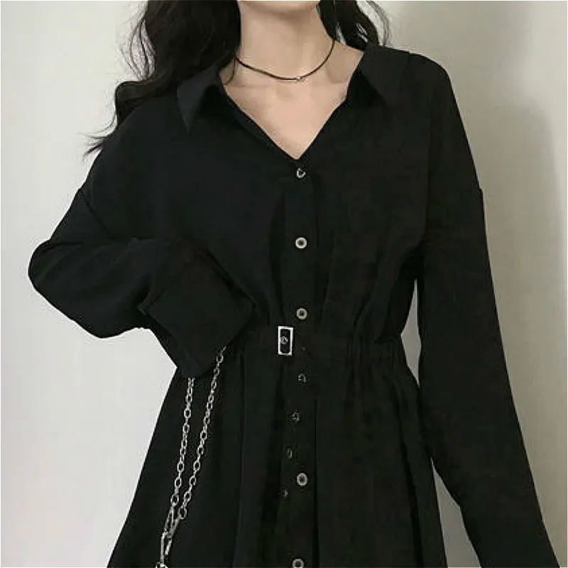 Ubierz kobiety czyste odrzucone przycisk kołnierza z długim rękawem Zebranie talii Elegancka moda czarna ubranie jesień hepburn vestido szyk 220521