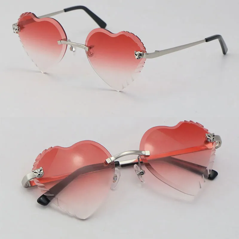 Ny modell hjärtform ansikte Rimless Metal Solglasögon Kvinnor Cheetah Series Diamond Cut Lens utomhus Kör röda linser Glasögon desi220v