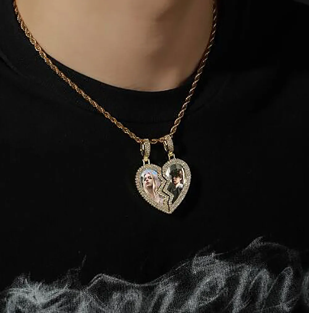 Custom Made Half-heart Po Pendant Necklace For Men Women Couple Valentine gift Cubic Zirconia Charm Hip Hop Jewelry305E