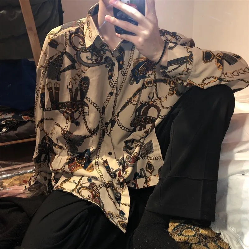 Vintage Fashion Beach Hawaii Shirts for Men Harajuku Floral Print Long Sleeve Casual Loose Blouse Button Up Shirt 220322