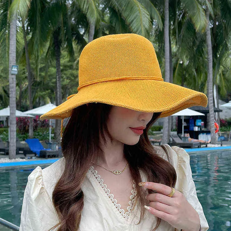 2022 Women's Summer Leisure Panama FemaleTravel Sunshade Sunscreen Bucket Hat Lady Fashion Beach Straw Hats G220418