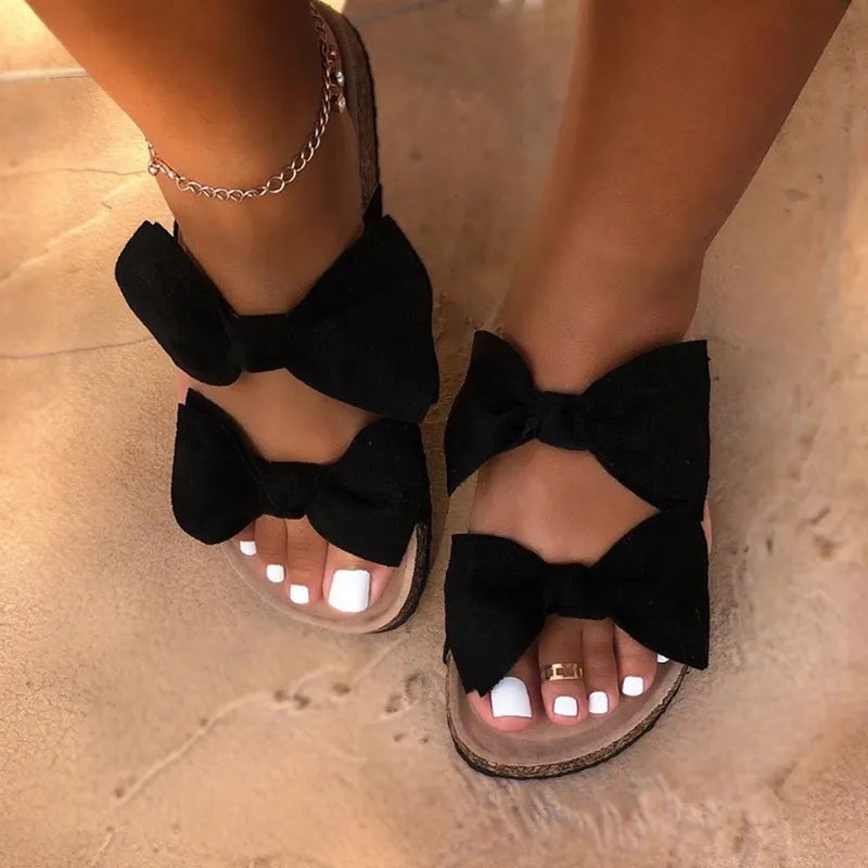 Ny sommar kvinnor sandaler silke båge platt skor damer strand skor slipper utomhus mode student hem casual tofflor # sjpae-76