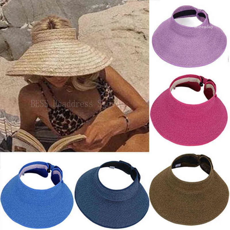 2022 neue Frauen Sommer Visiere Hut Faltbare Sonnenhut Breite Große Krempe Strand Hut Stroh Hüte Chapeau Femme Strand UV schutz Kappen G220301