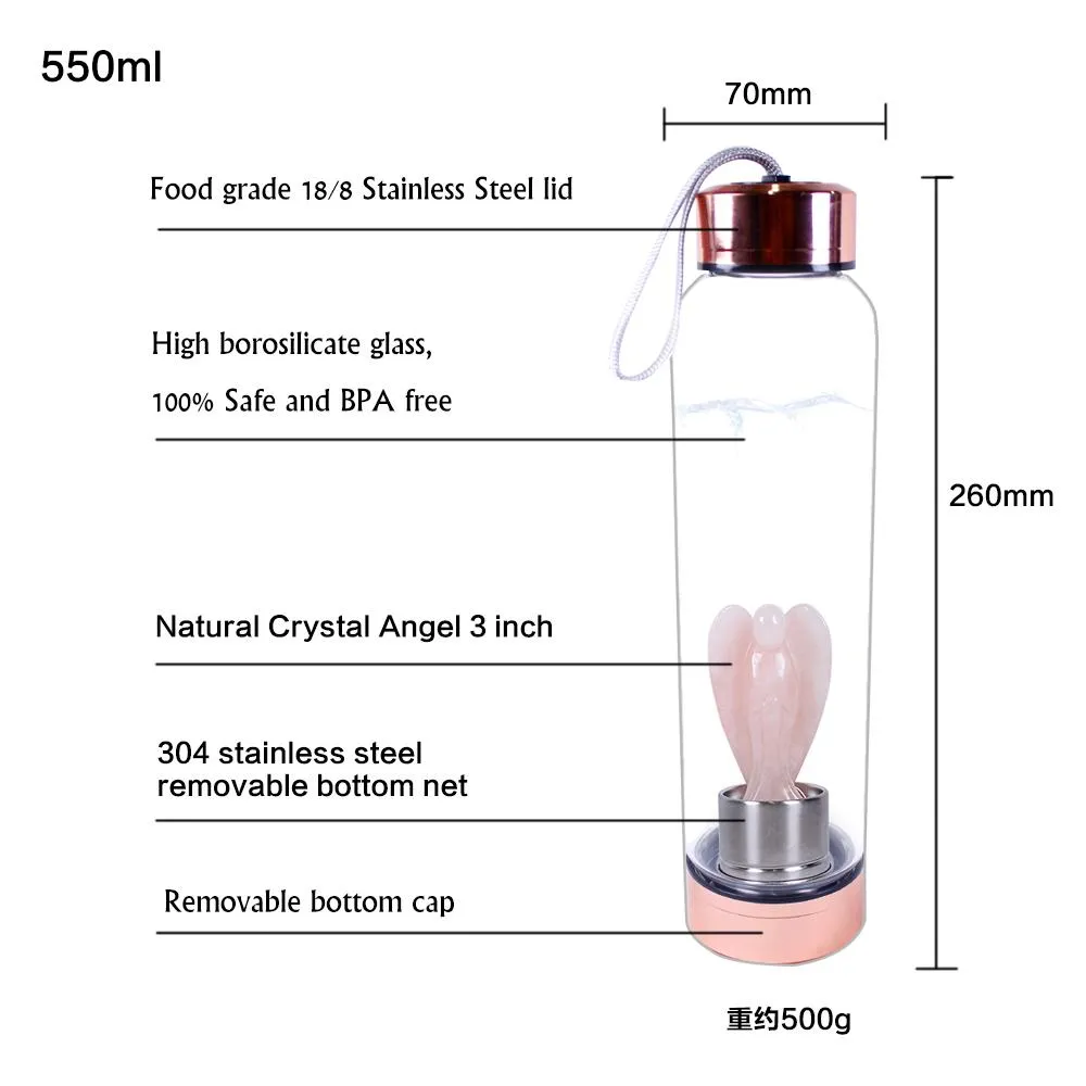 Natural Quartz Gemstone Crystal Glass Elixir Water Bottle Point Hand-Carved 3inch Angel Cup Crystal Wand tumbler Mug 0310