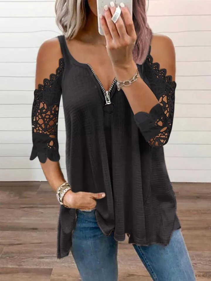 Fashion Off Shoulder Tops Sexy Lace Sleeve Patchwork Loose Blouses Tops Casual Zipper V Neck Female Tunic Tops T-shirt 220623