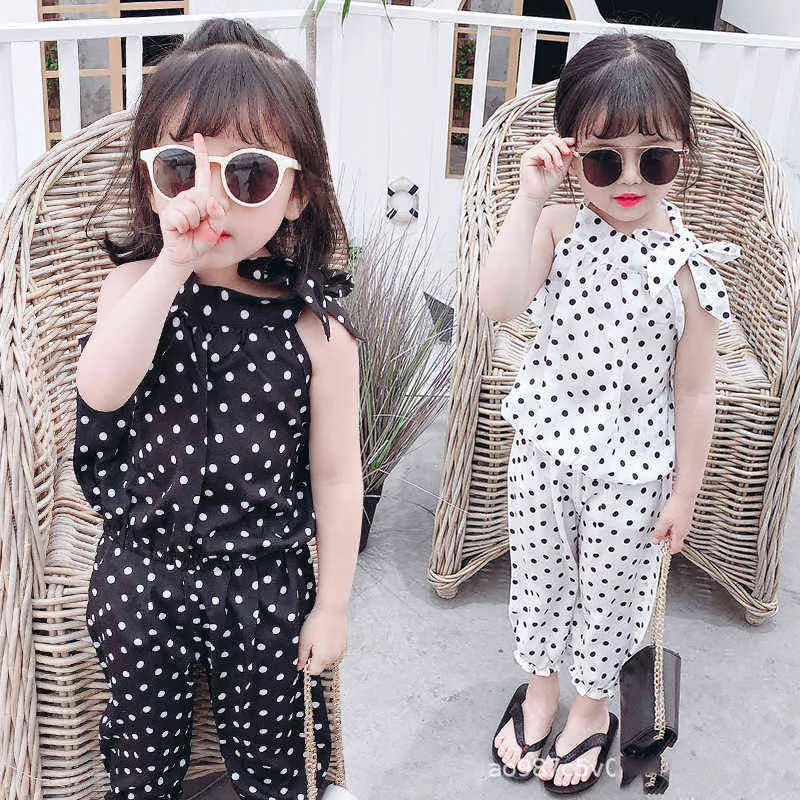 Girls Deset Polka Dot Kids Summer Sets Chiffon Fashion Shirt and Pants Ruffle Children Suit G220509