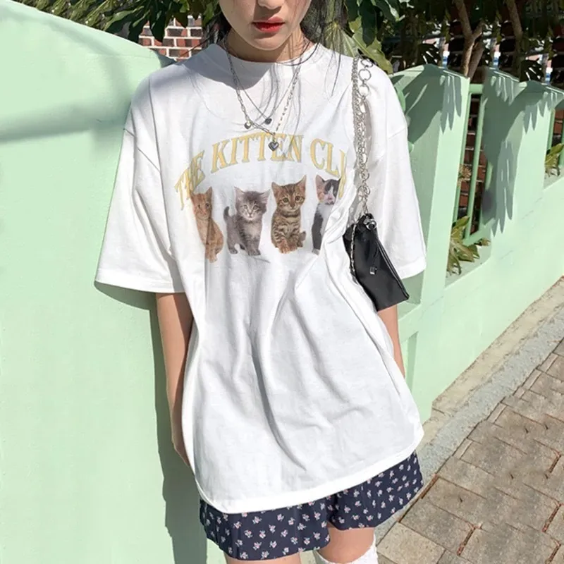 Kawaii The Kitten Club Женская футболка уличная одежда белая хлопок с коротким рукавом негабаритный графический фут
