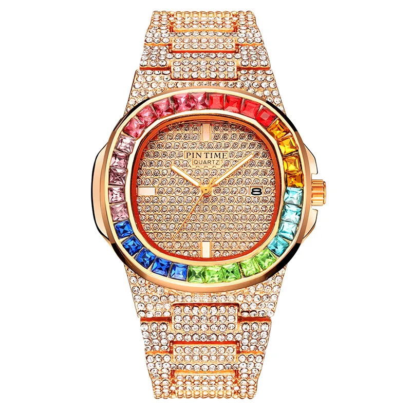 PINTIME montre à Quartz hommes de luxe plein diamant Hip Hop or Rose strass montres montre-bracelet mâle glacé cadran doré horloge