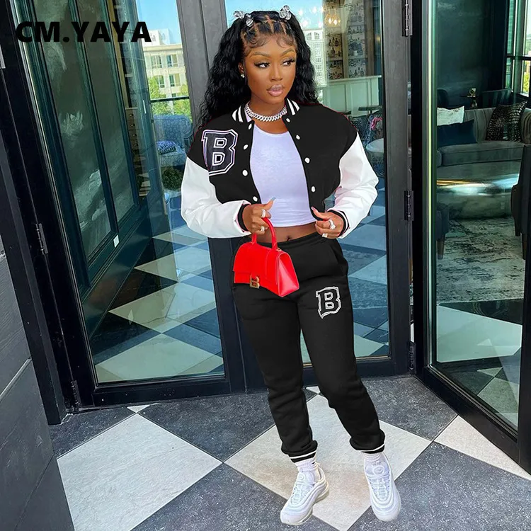 CM.YAYA Letra B Baseball Mulheres Tracksuit Jaqueta de Breasted e Sweatpants Combinando Dois 2 Peça Set Outfits Sweatsuit 220315