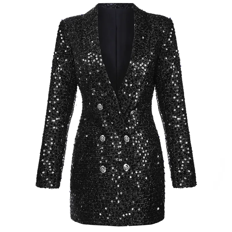 High Quality Fashion Designer Blazer Women Double Lion Buttons Shawl Collar Glitter Sequined Long Runway Black Blazers 220812