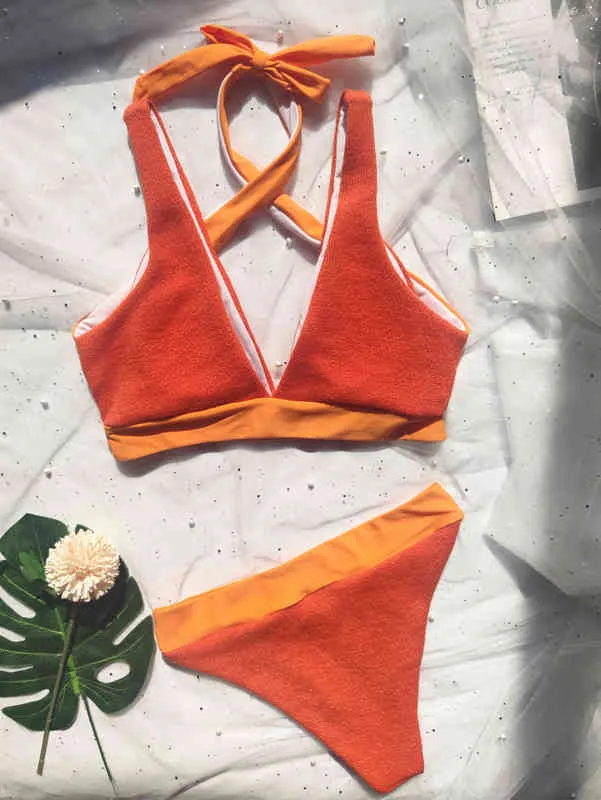 2022 Arancione Splicing Halter Scollo a V Bikini Costume da bagno femminile Costumi da bagno Donna Due pezzi Bikini Set Bagnante Costume da bagno Swim Y220420