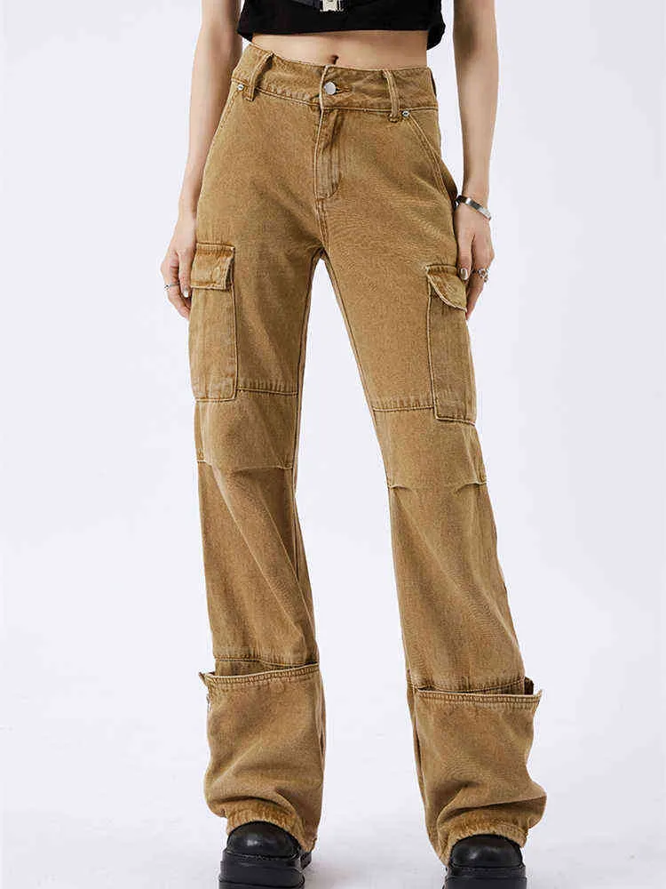 Pantalones vaqueros de carga de color caqui para mujer Verano Nuevo Diseño retro americano Empalme suelto Cintura alta Pantalones de mezclilla de pierna ancha recta delgada Mujer T220728