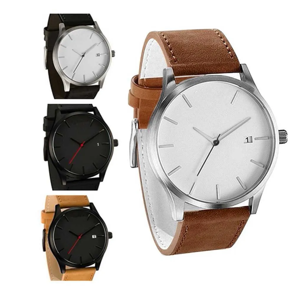Quartz horloge Eenvoudige geometrische ronde wijzerplaat Lederen band Business voor heren 2022 Mode Armband Horloge