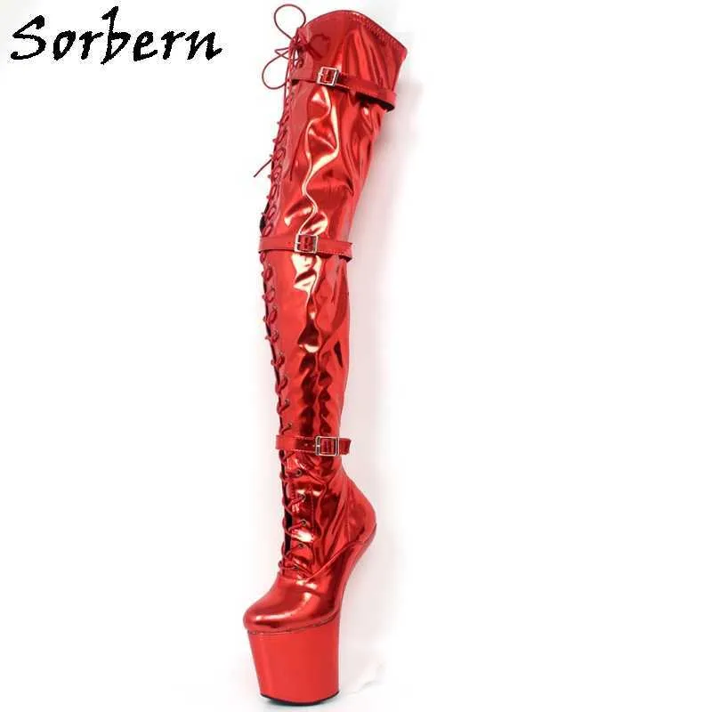 Sorbern, botas altas hasta la mitad del muslo, zapato de plataforma sin tacón, sin tacón, longitud del eje personalizada, ancho de la pierna, bota fetiche, zapatos de espectáculo Drag Queen