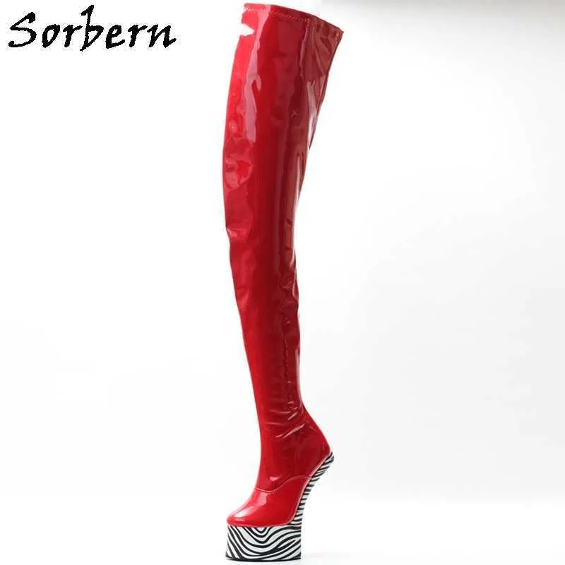 Sorbern غريبة الركبة أحذية عالية المرأة heelless الحصان الأحذية الدانتيل يصل جنسي صنم كروسدرسر حافر باطن مخصص حجم الساق والألوان