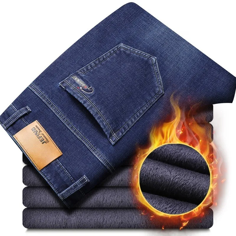 Para Frio Slim Fit Stretch Espesso Veludo Calças Quentes Calças de Jeans Casuais Cinza Fleece Inverno Homens Preto Elasticidade Jean 220328