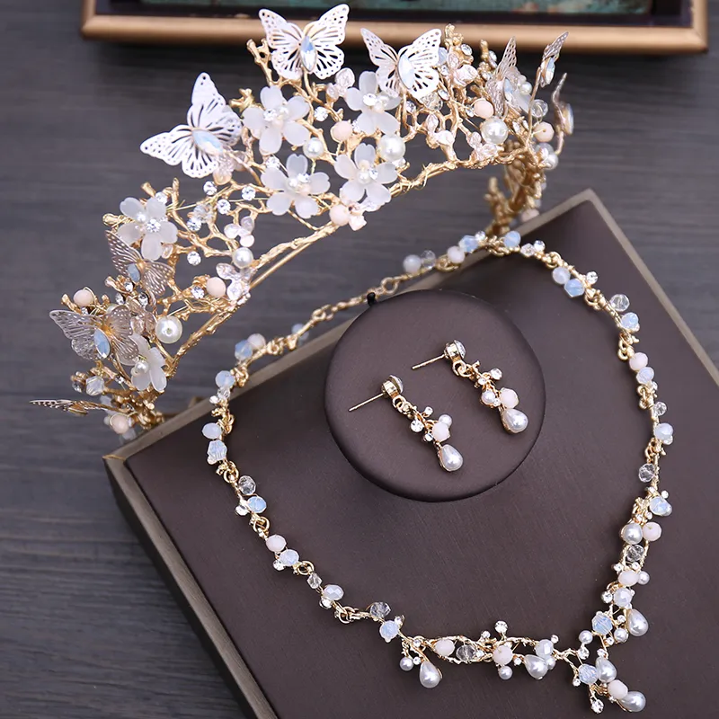 Luxury Crystal Beads Pearl Butterfly Costume Smycken Set Floral Choker Halsbandörhängen Tiara Wedding Set 220812