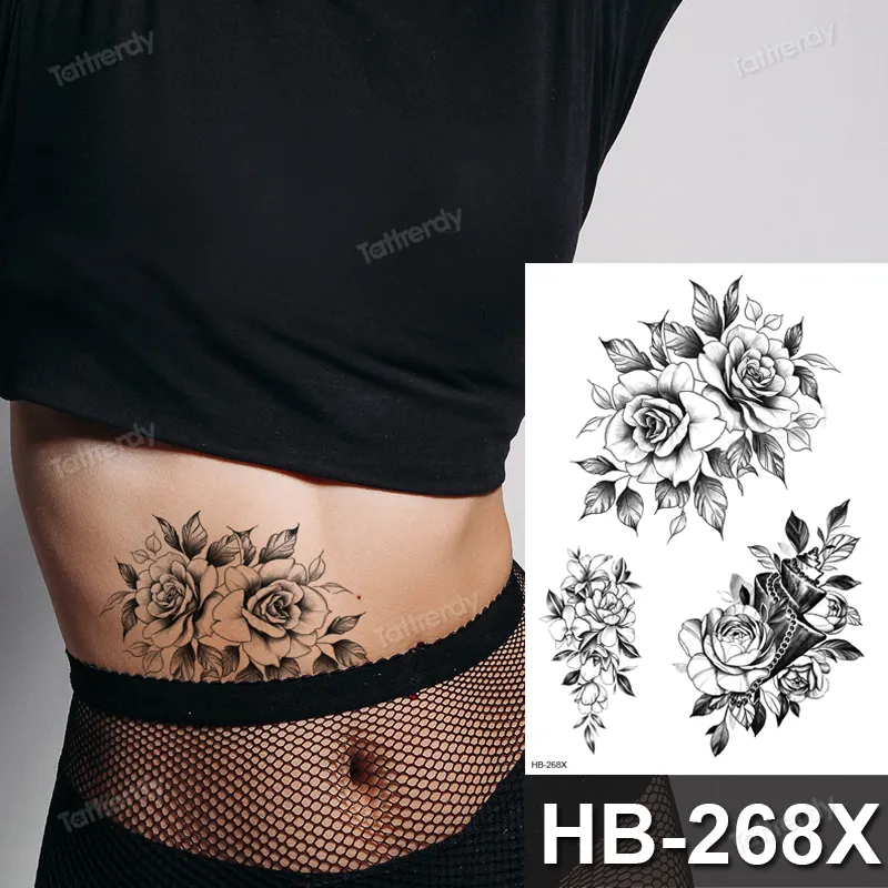 Tattoo Sticker Bloem Grote Body Art Waterdichte Tijdelijke Sexy Dij s Voor Vrouw Nep Water Zwarte Schets Lijn Mouw 2205145743604