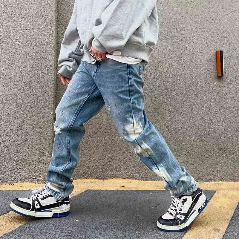 Hip Hop Ink Painted Hole Frayed Casual Denim Trousers Mens and Women Harajuku Straight Patchwork Baggy Oversized Jeans Pants T220803