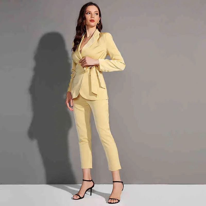 Spring Female Office Wear Blazer Pant Suit Two Pieces Set Women Belted Suit Jacket Wide Leg Pant Elegant Blazer Set T220729