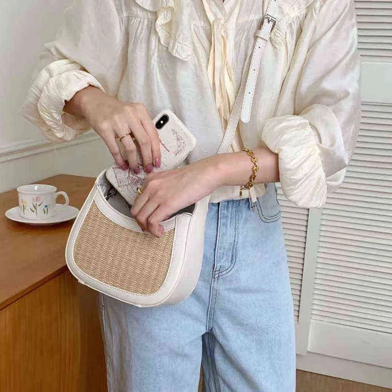 Zakken verwarm leer met de hand met een enkele schouder diagonaal stro geweven tas vrijetijds dames