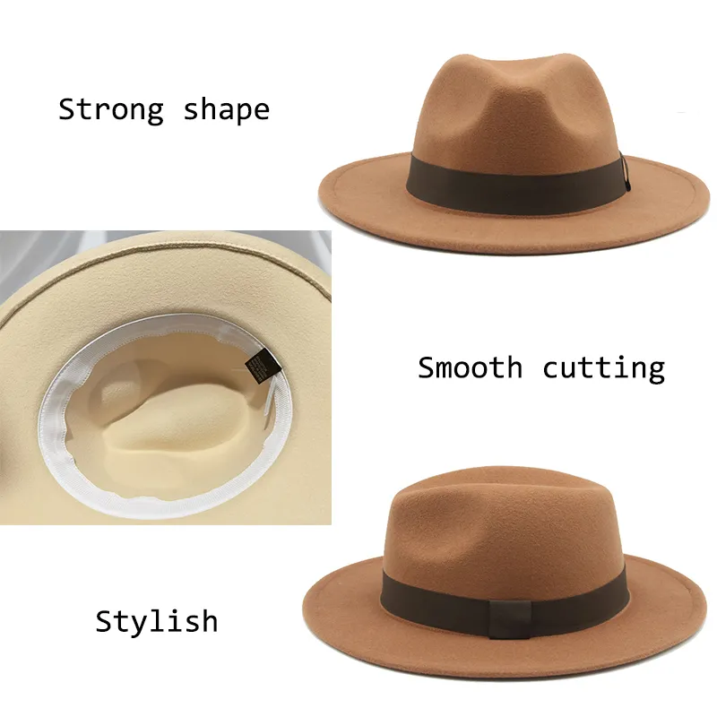 Fedora Winter S for Women Ribbon Band Mens Hat Wide Brim Classic Beige Wedding Church Cap Chapeau Femme 220810