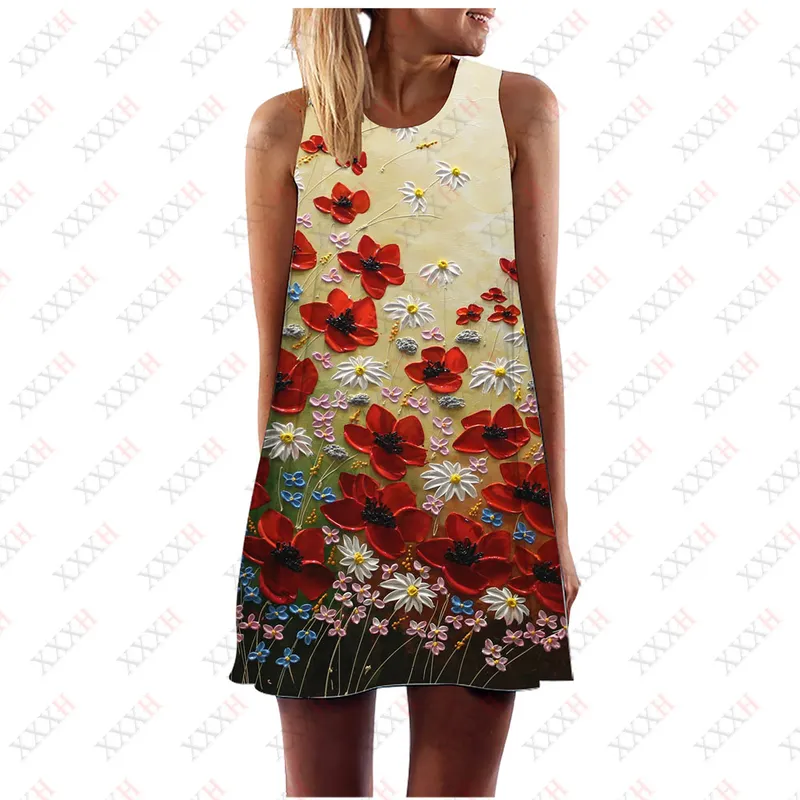 Yaz kadınlar yelek elbise kelebek çiçek sanat baskı o boyun kolsuz mini rahat gevşek tatlı bir çizgi sundress vestidos 220713