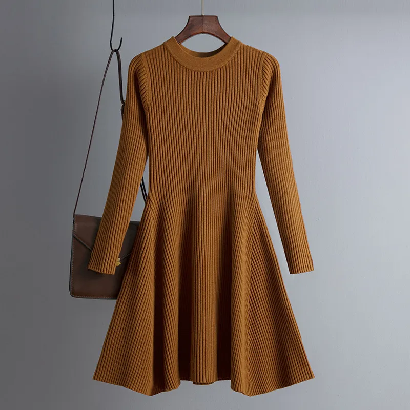 Simple Basic Autumn Winter A-Line Thick Sweater Dress Women Elegant Knit Dresses Female Slim Mini Robe Knitting Women's Clothing 220317