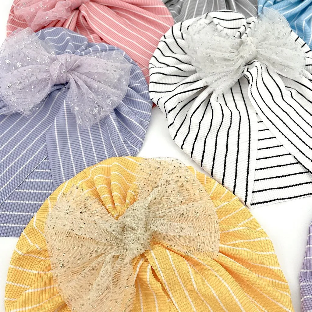 Nouveau infantile bébé casquette dentelle rayure nœud papillon chapeau enfants Turban casquettes doux chapeaux crâne bonnet enfants chapeaux 10 couleurs